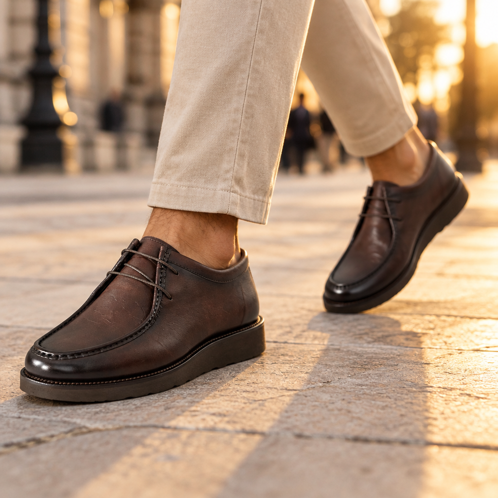 Chaussures portées dans un décor urbain
