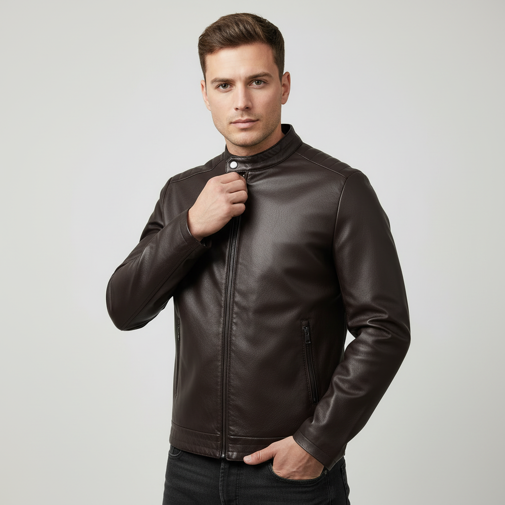 Veste en cuir marron café foncé