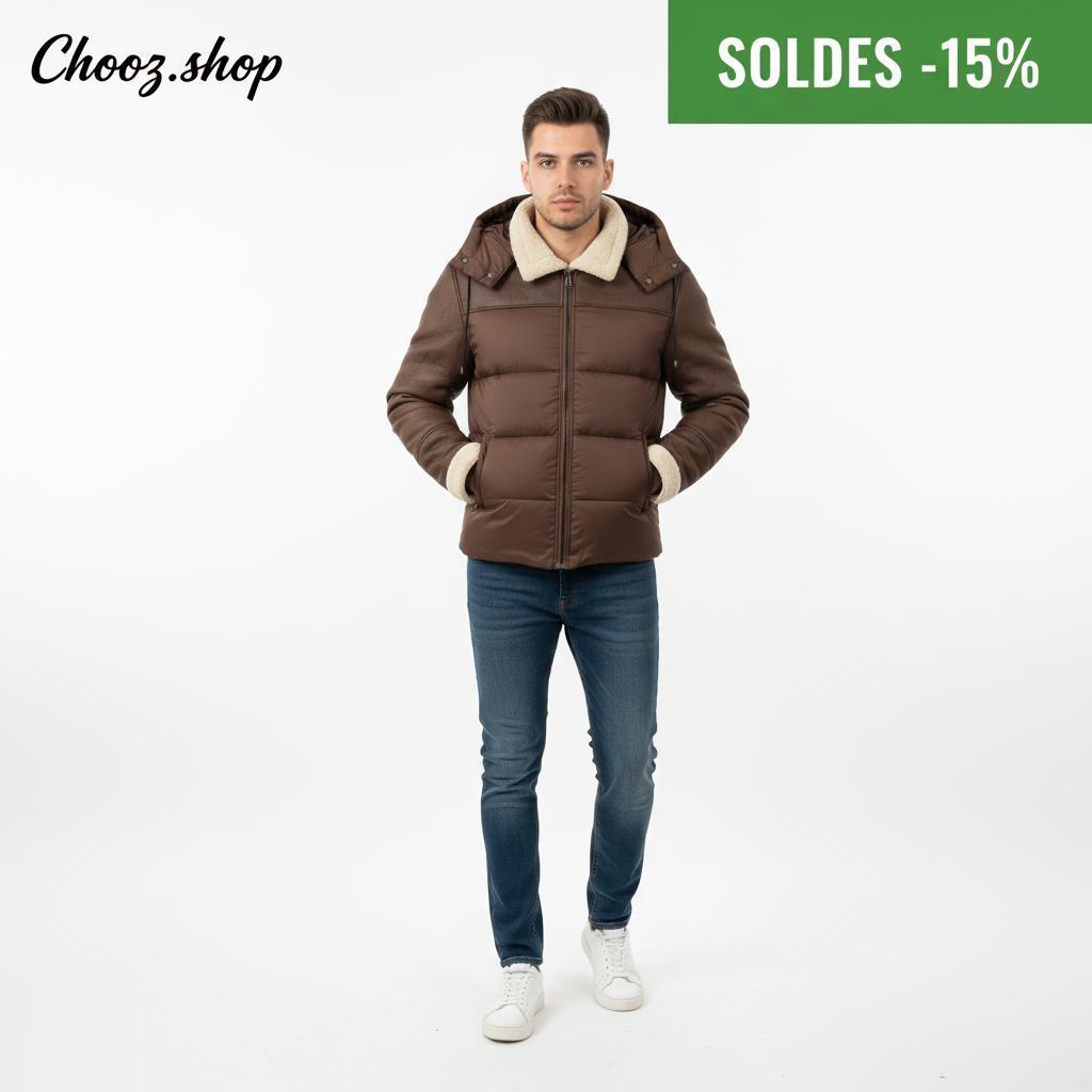 Bannière soldes doudoune sherpa marron -15% format carré