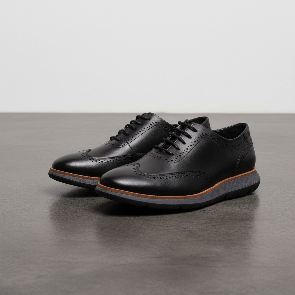 Chaussures noires sur béton gris