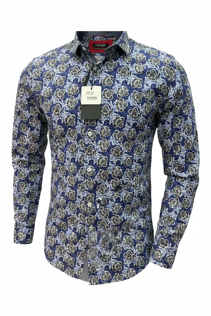 Chemise bleu marine florale vue de face
