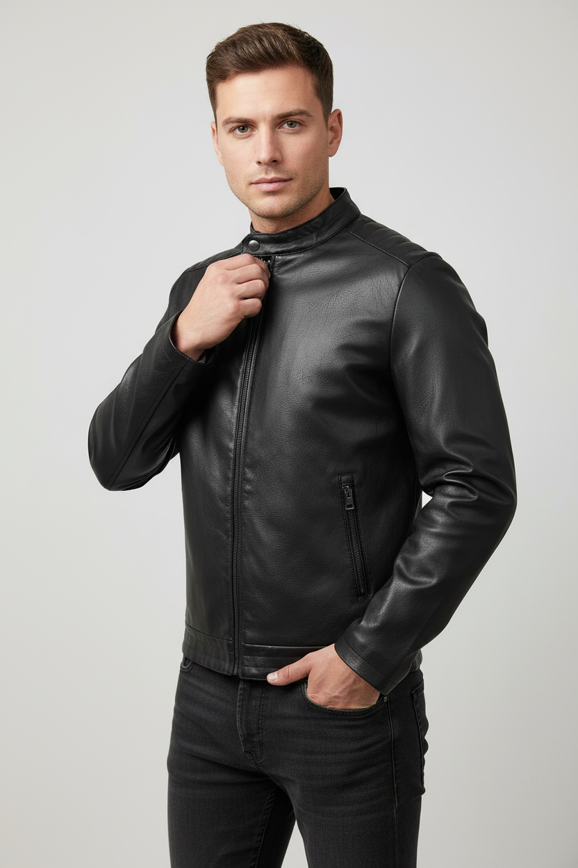 Black leather jacket lifestyle model shot