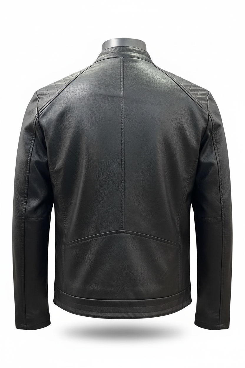 Black leather jacket back view