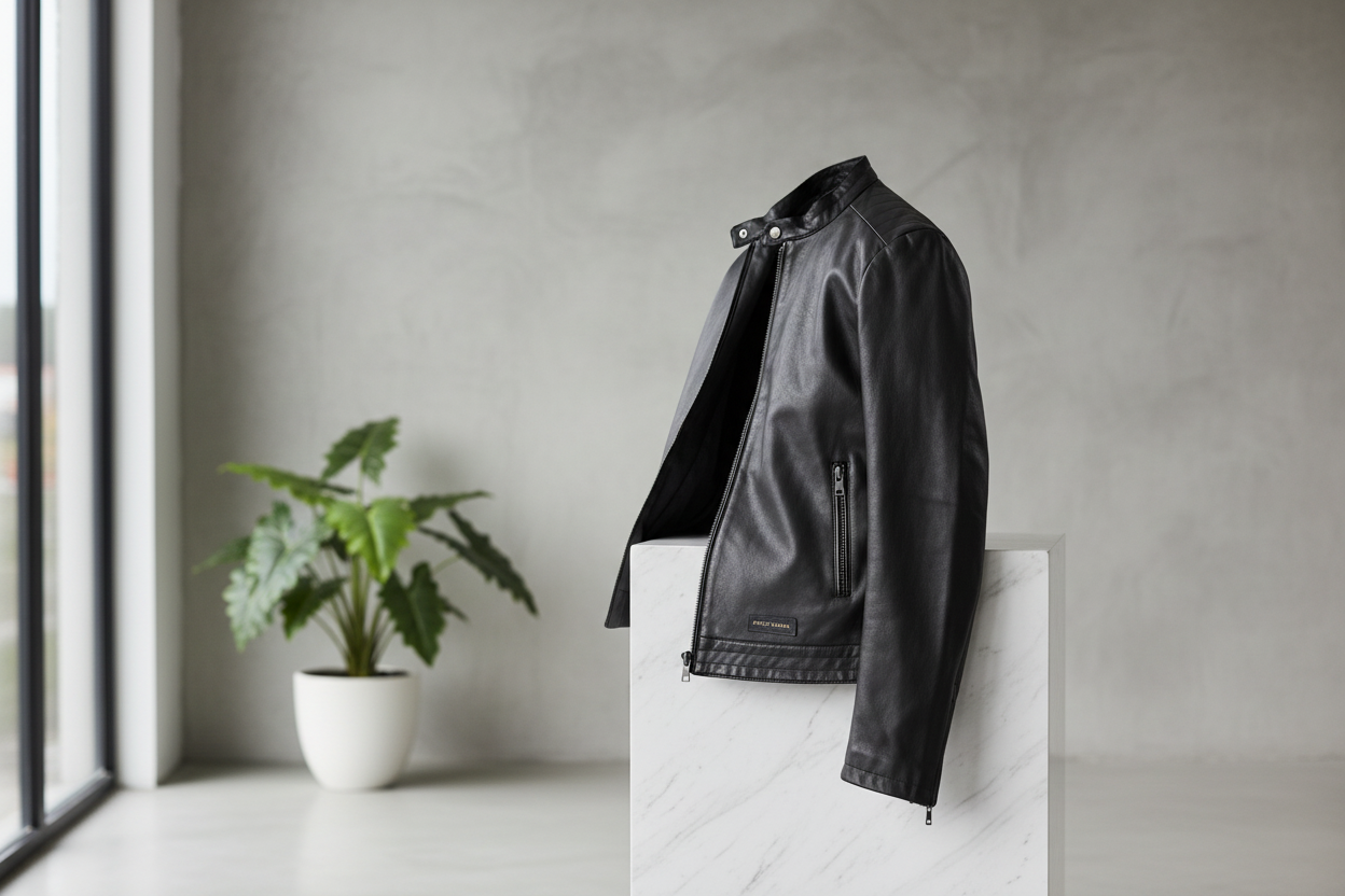 Black leather jacket premium lifestyle shot
