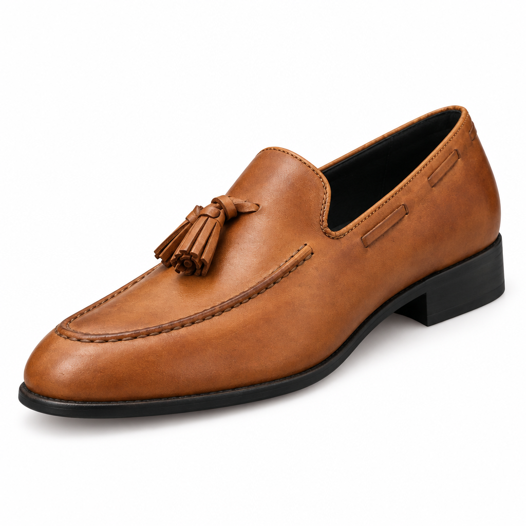 Mocassin cognac à pompons, vue trois-quarts
