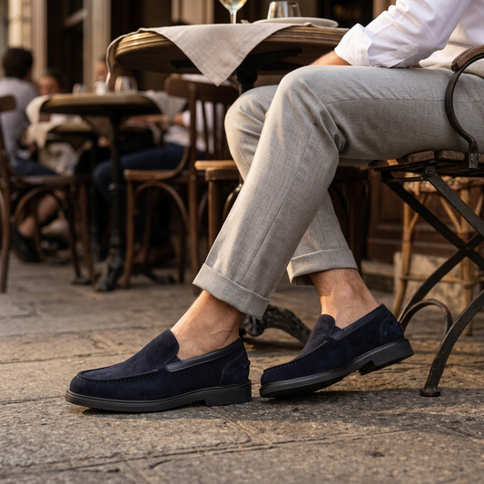 Mocassins portés en terrasse avec un pantalon gris clair