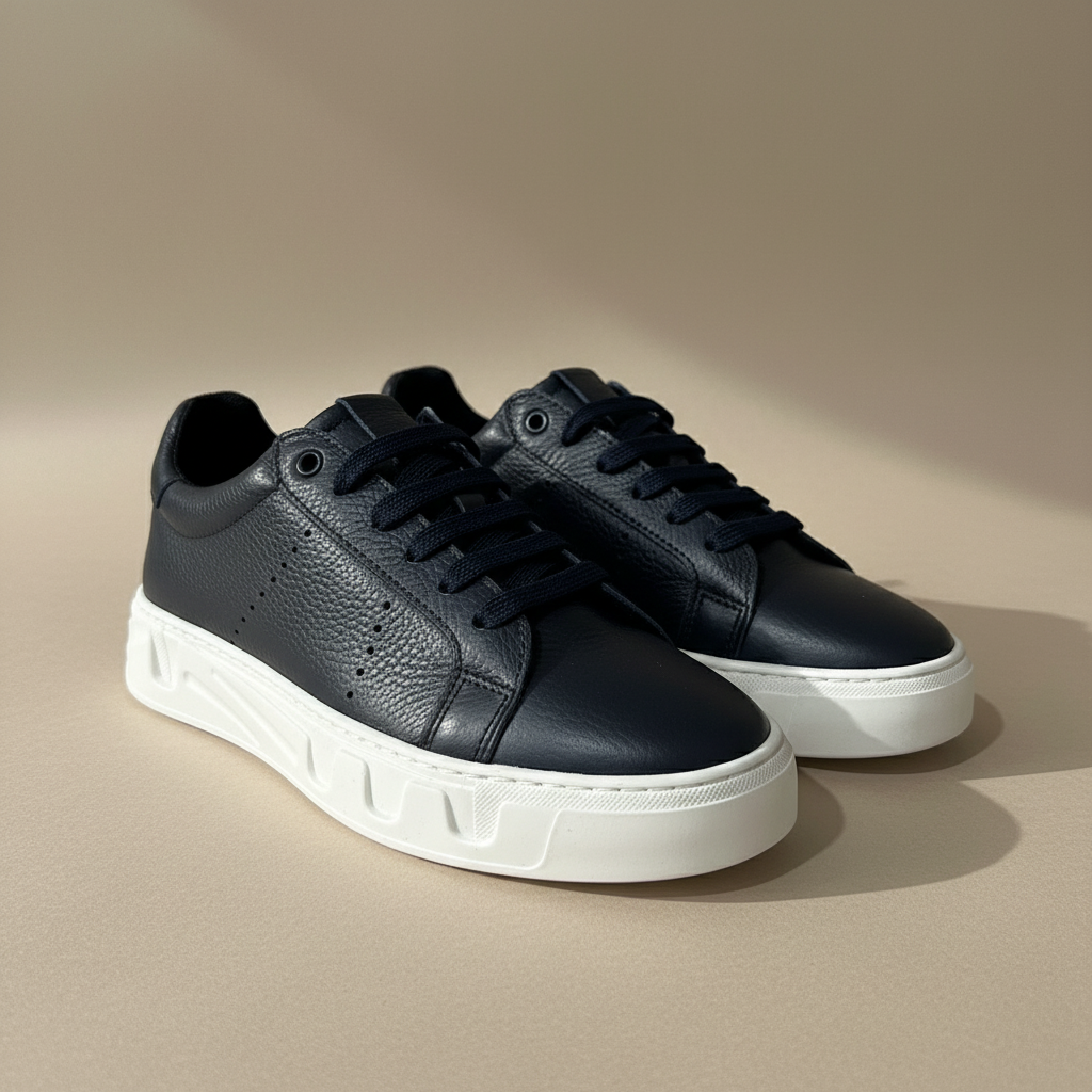 Sneakers bleu nuit fond beige luxe